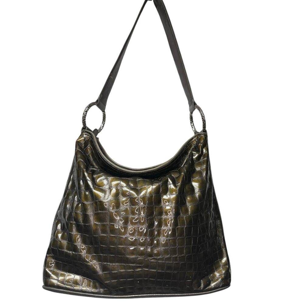 Brighton Cher Hobo Shoulder Bag Patent Leather Croc Embossed Olive Green Bronze